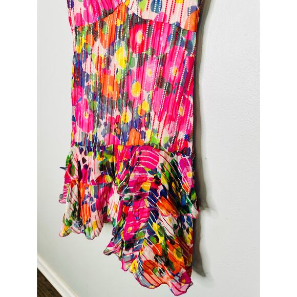 SALONI Pink Printed Silk Flutter Sleeves V-Neckline Ruffled Skirt Catia Dress 4 - Picture 5 of 15